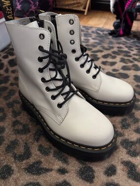 Dr. Martens White Lace-Up Platform Combat Boots with Black Laces